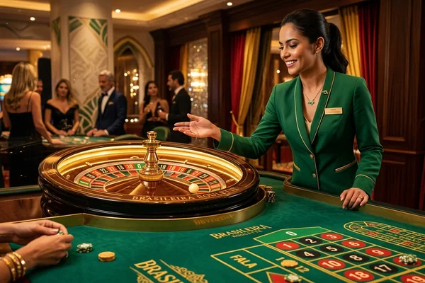 Ambiente luxuoso de cassino ao vivo iwc777 com dealer e jogos de mesa, destacando a emoção do online gambling no Brasil